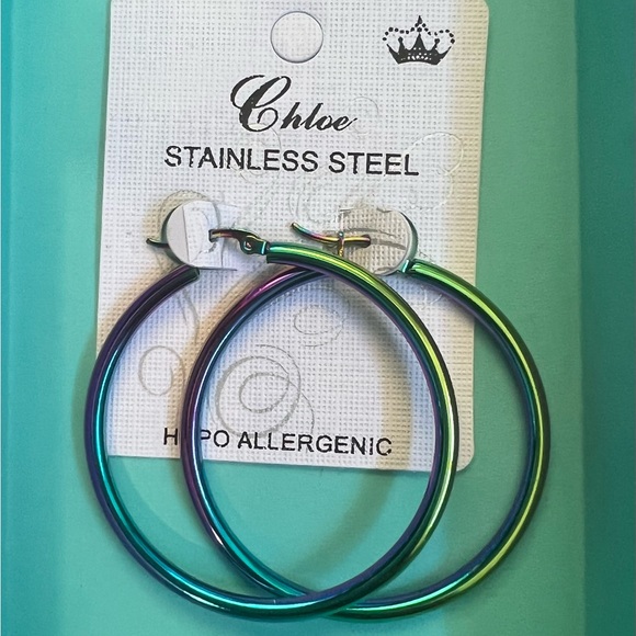 Chloe Rainbow Stainless Steel Hoop Earrings Hypoallergenic - New - Picture 2 of 2